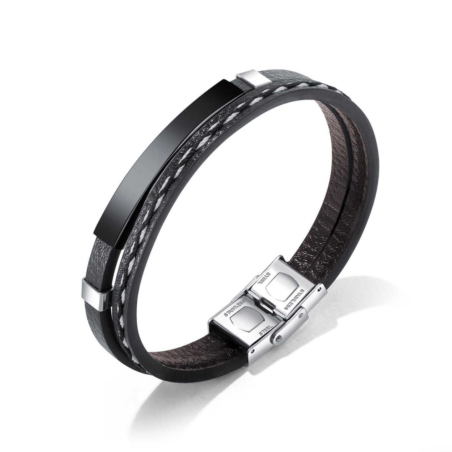 Trendy Classic Punk Stainless Steel Glossy Leather Bracelets