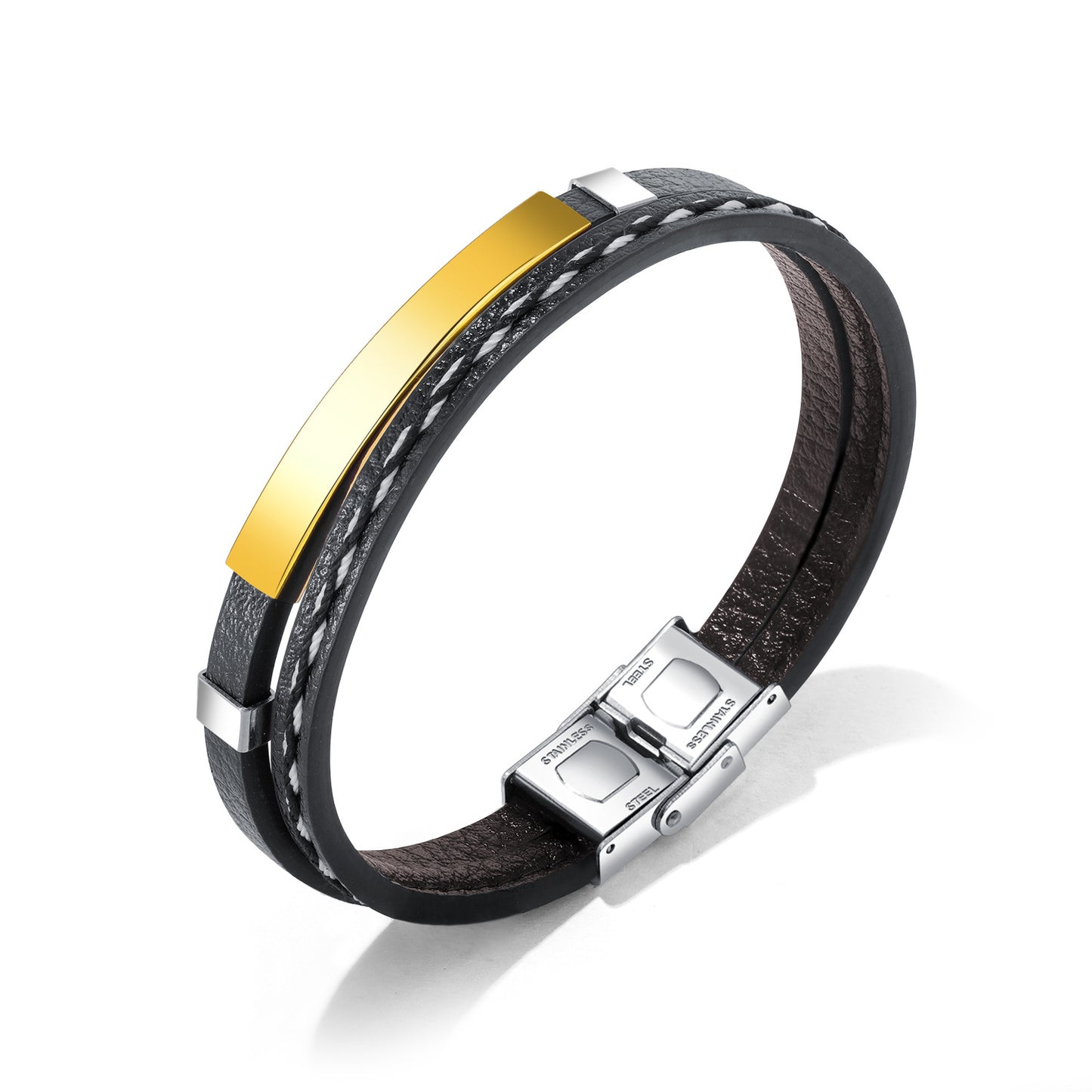 Trendy Classic Punk Stainless Steel Glossy Leather Bracelets