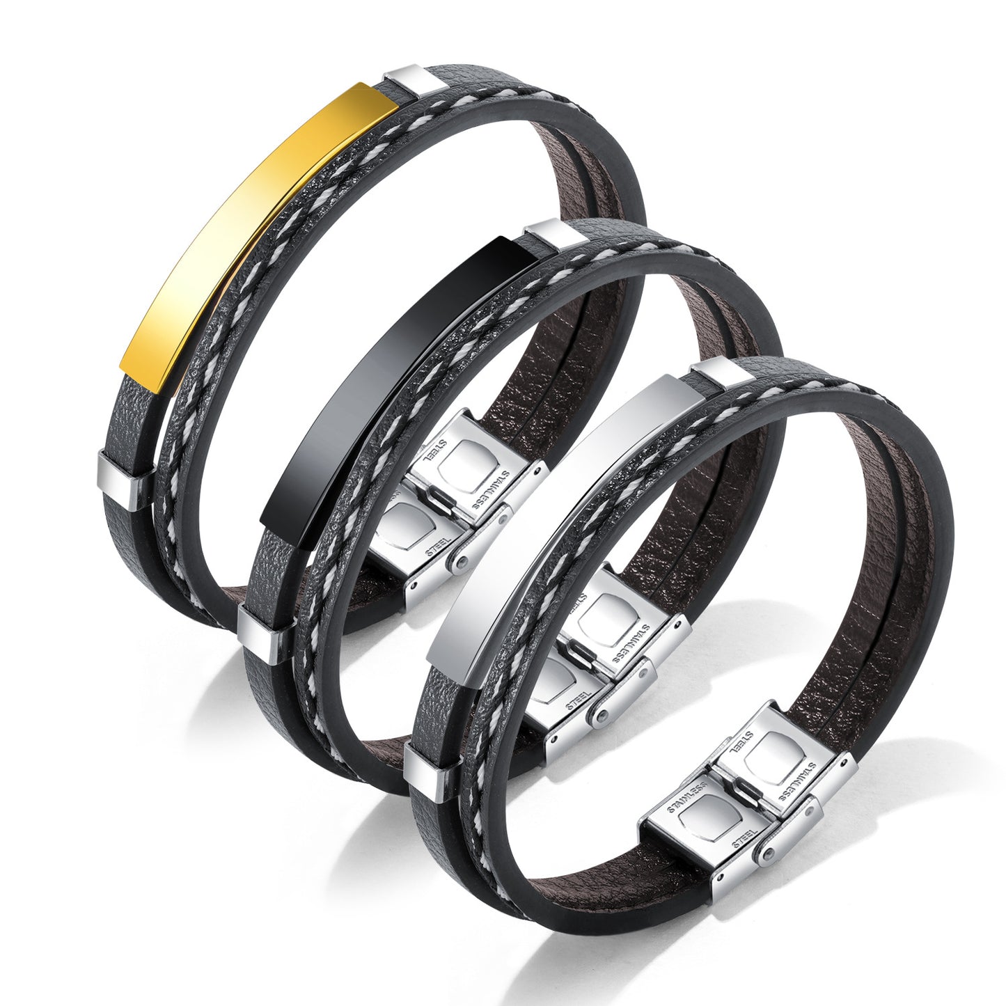 Trendy Classic Punk Stainless Steel Glossy Leather Bracelets