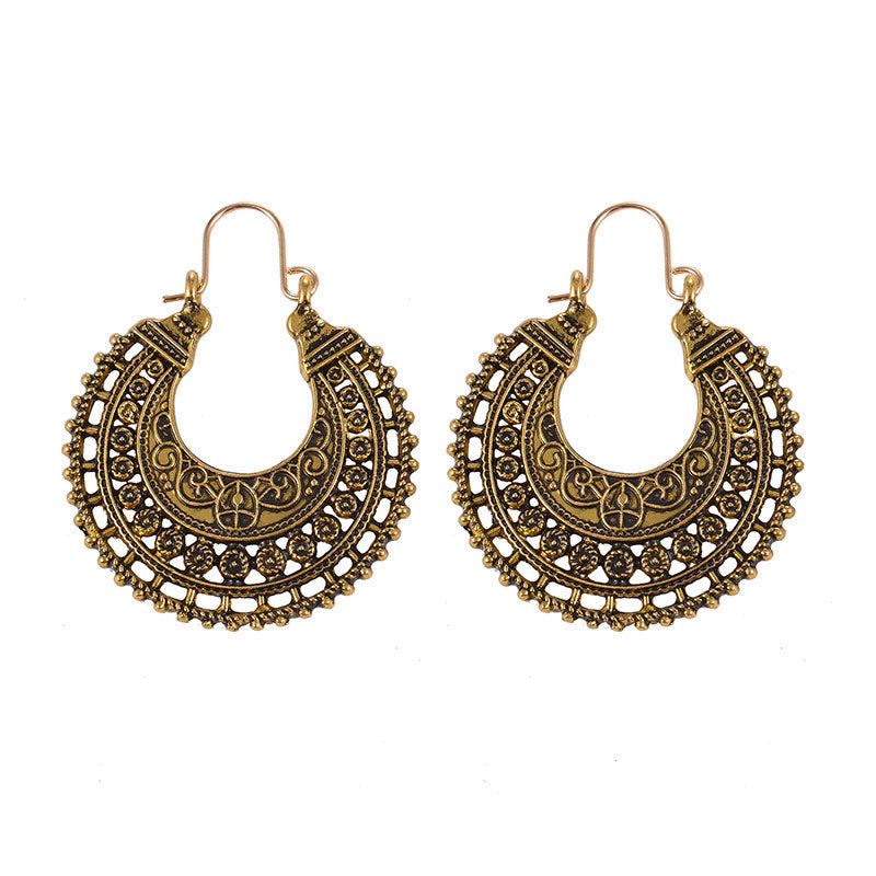Bohemian Ethnic Style Vintage Hollow Carved Semicircle Trend Alloy Pattern Earrings