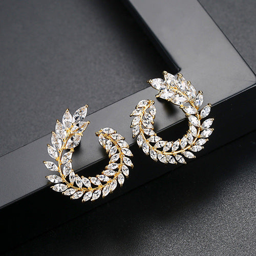 Boucles d'oreilles en cuivre de blé de Style classique cloutées avec Zircon, boucles d'oreilles en forme de feuille à la mode