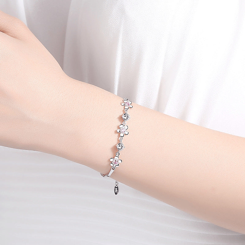 Women's Korean Style Cherry Blossom Pink Crystal Bracelets