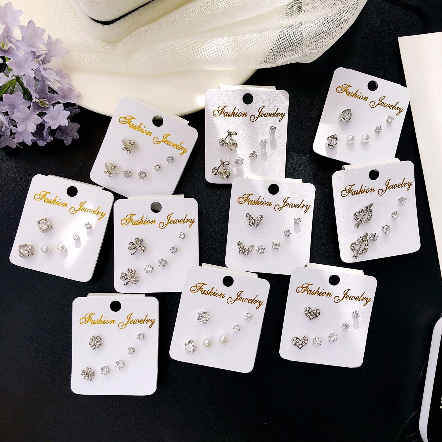 Korean Fashion Geometric Zircon Three-piece Simple Earrings