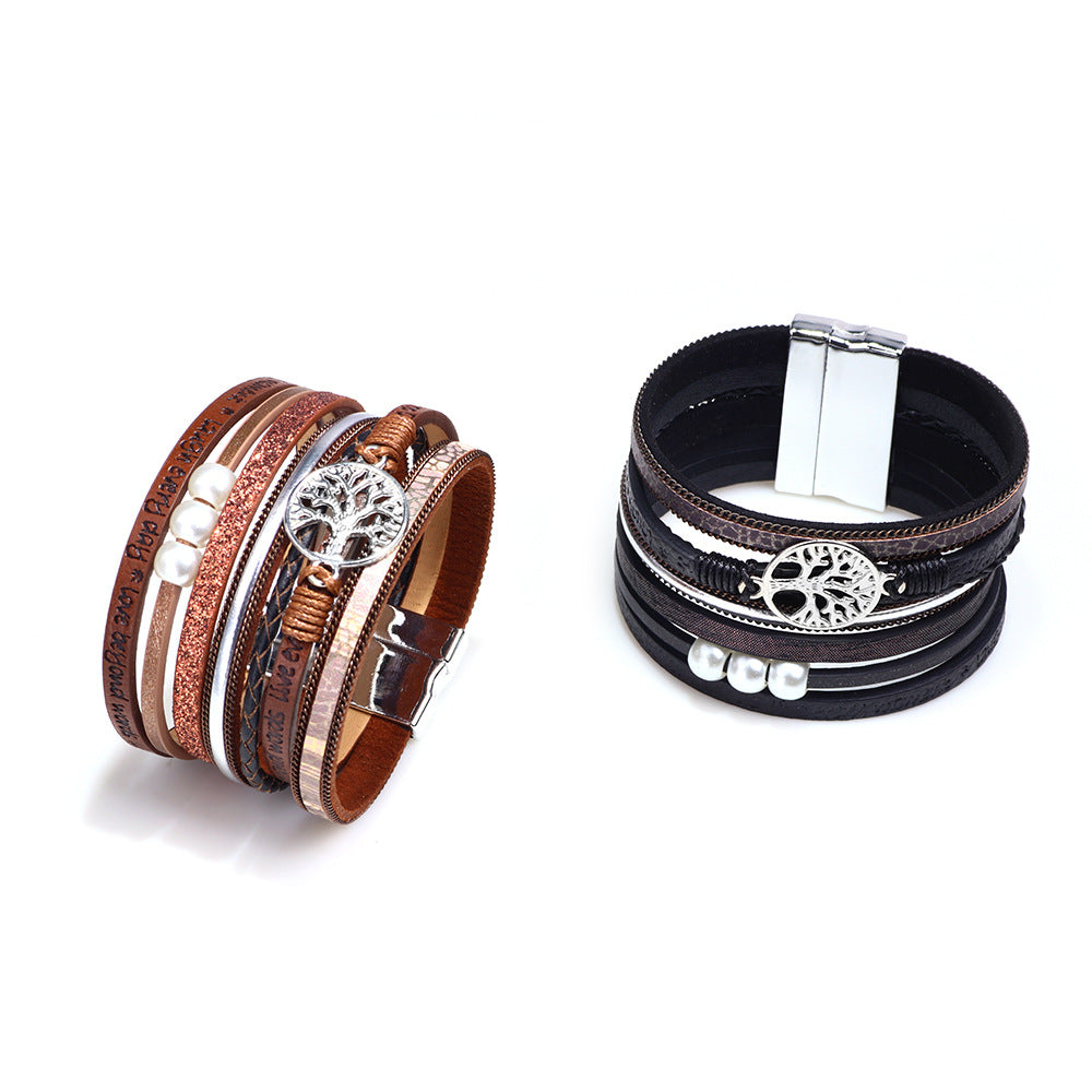 Modische Lucky Tree-geprägte Buchstaben-Perlen-Magnetarmbänder für Damen