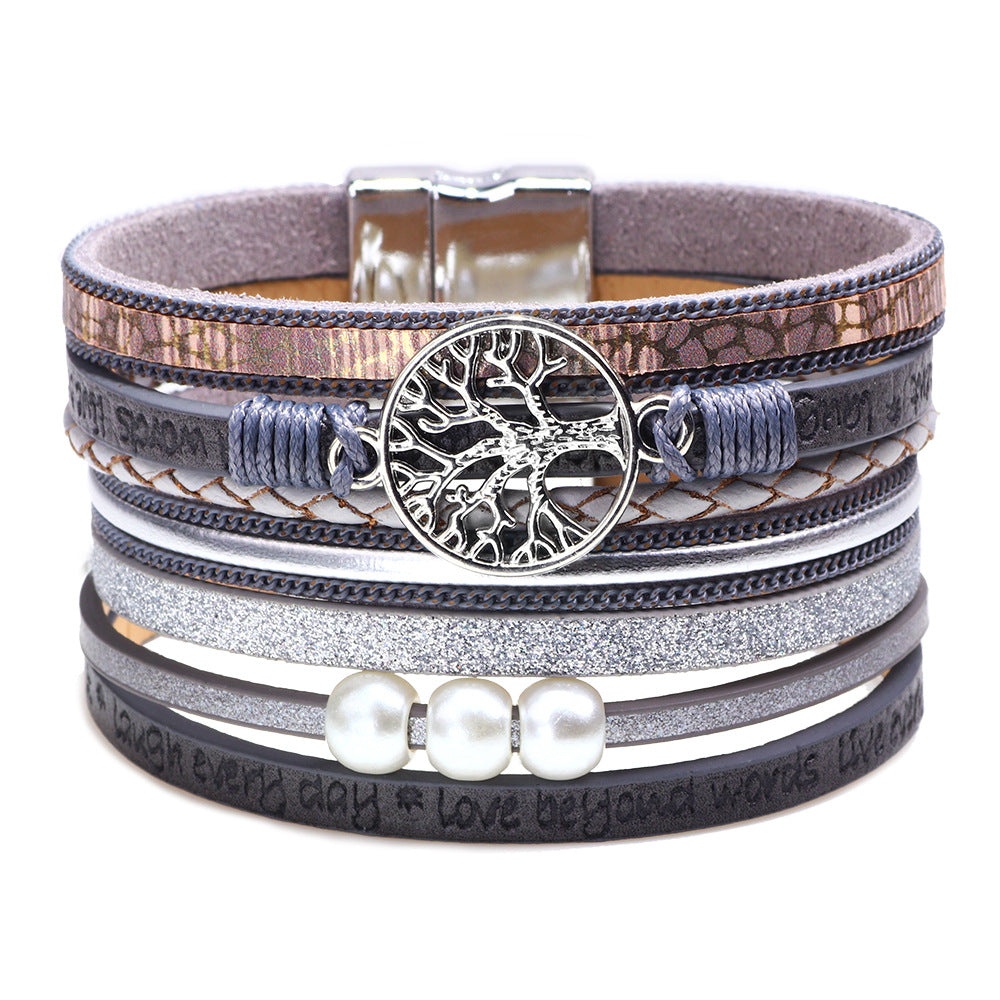 Women's Fashion Lucky Tree Embossed Letter Pearl Magnetic Bracelets