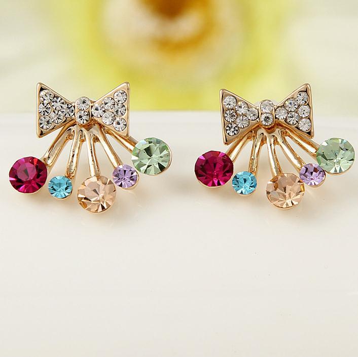 Korean Jewelry Bright Colorful Crystals Bowknot Crown Earrings