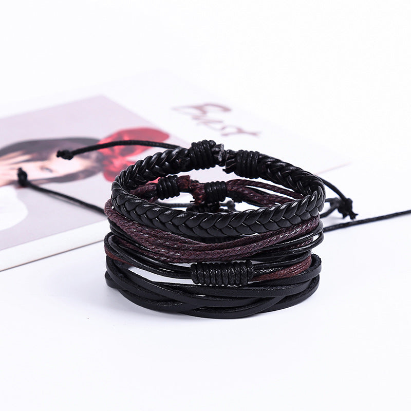 Bracelets combinés en cuir tressé pour hommes, ensemble rétro simple