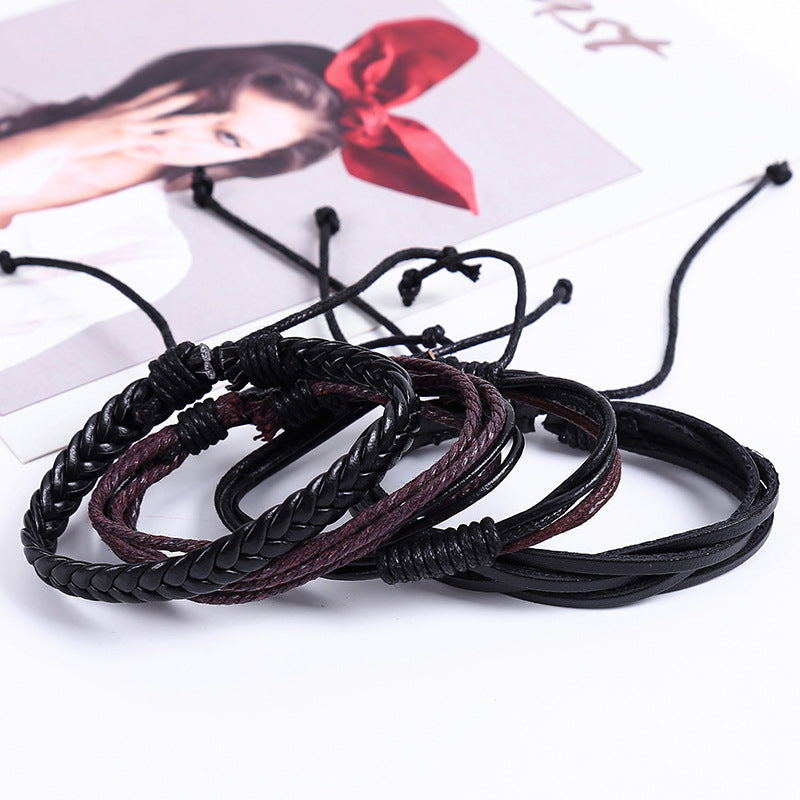 Men's Simple Retro Set Braided Leather Combination Bracelets