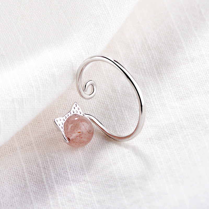 Cat Strawberry Quartz Heart Female Switchable Rings