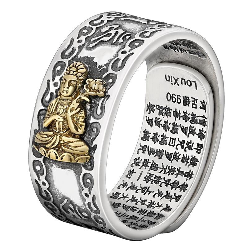 Men's Sier Buddha Sterling Heart Sutra Six Words Mantra Rings