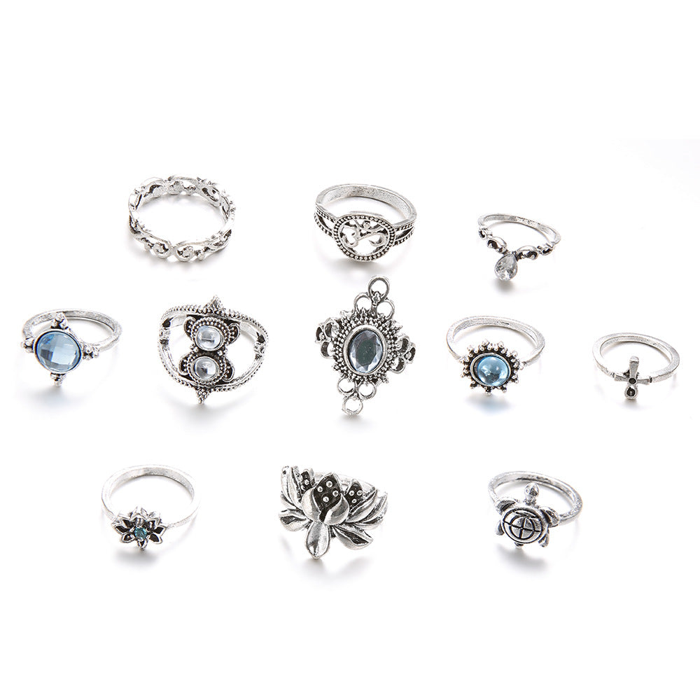 Shining Diamond Gem Turtle Cross Lotus Rings