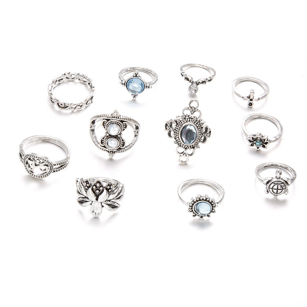 Shining Diamond Gem Turtle Cross Lotus Rings