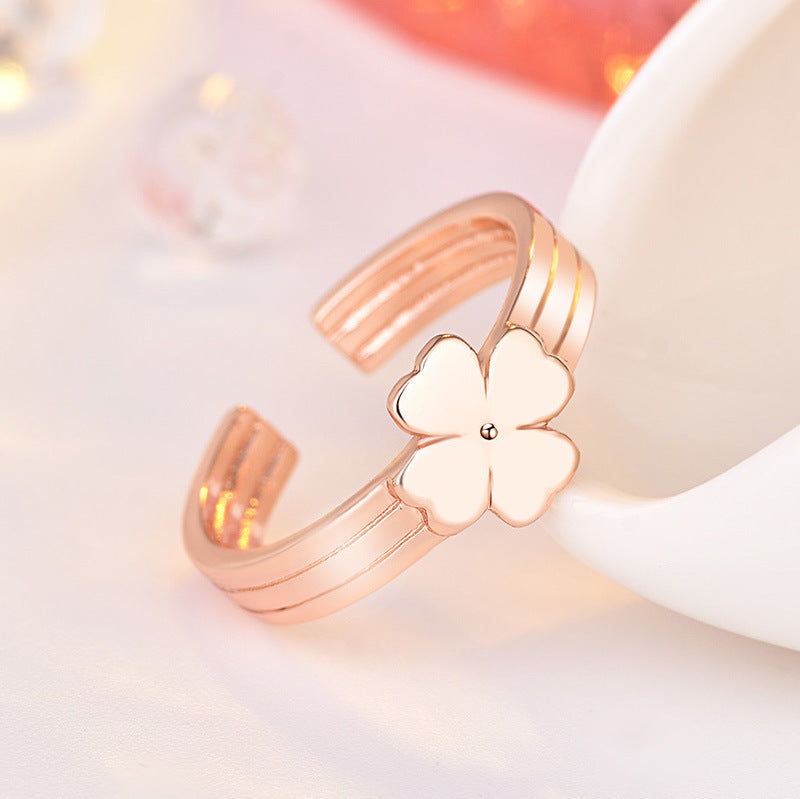 Women's Clover Rose Gold Plated Opening Adjustable Rings