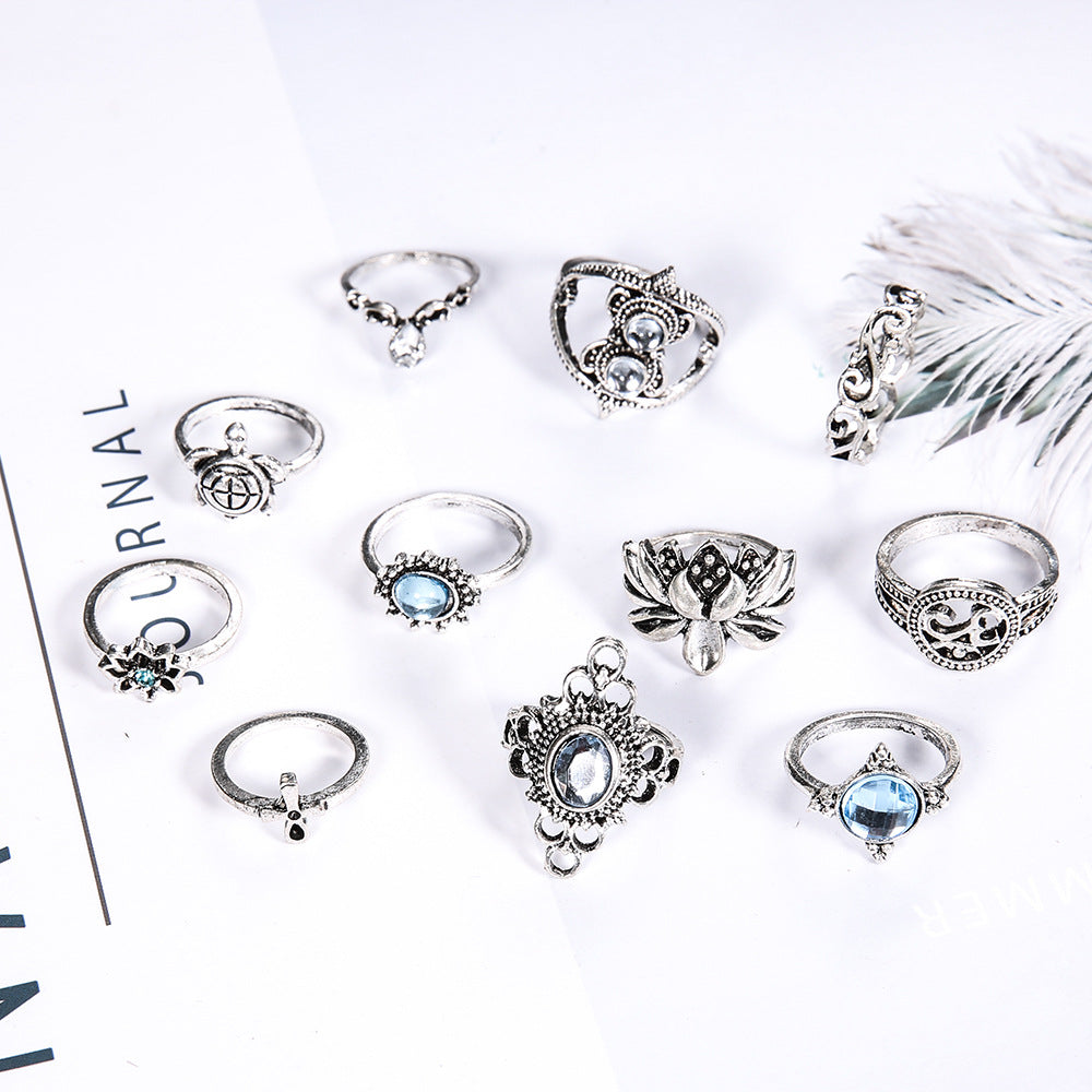 Shining Diamond Gem Turtle Cross Lotus Rings