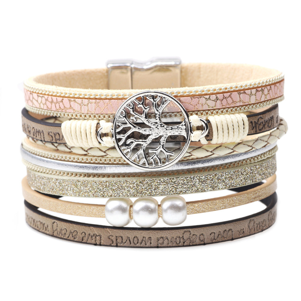 Women's Fashion Lucky Tree Embossed Letter Pearl Magnetic Bracelets