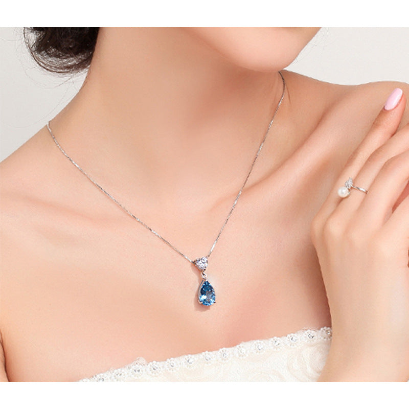 Sier Heart-shaped Blue Water Drop Pendant Natural Topaz Crystal Necklaces