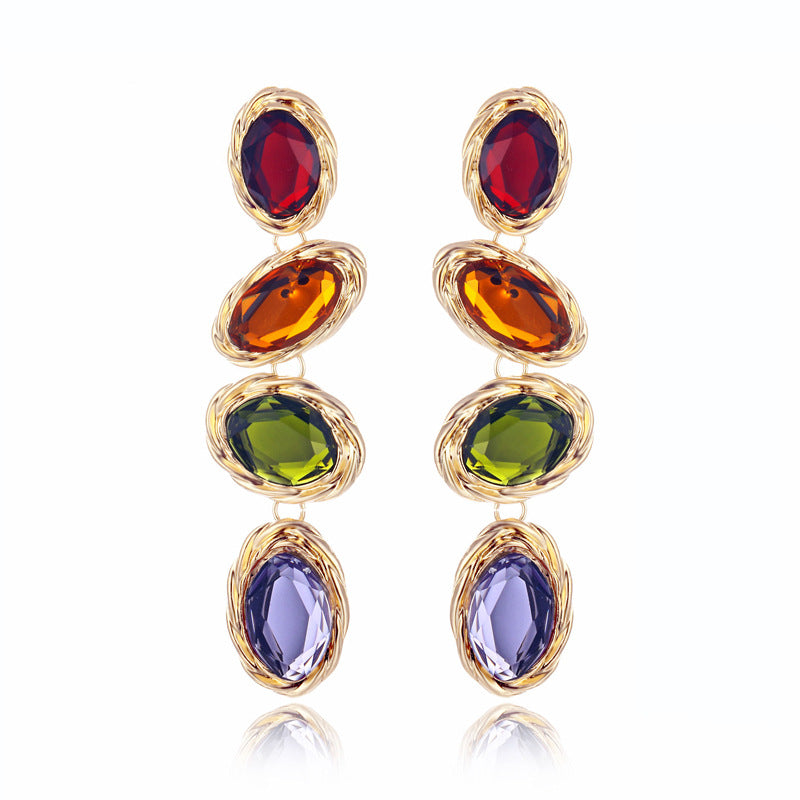 Women's Popular Luxurious Gem Inlaid Oval Alloy Earrings