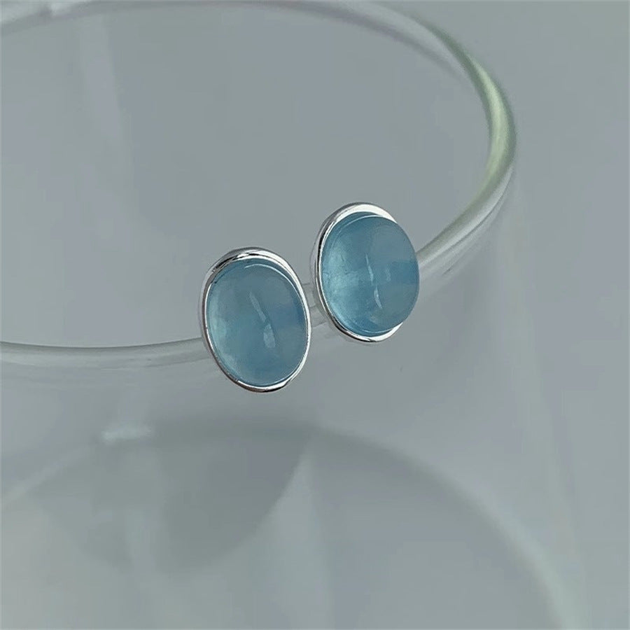 Women's Oval Aquamarine For Sterling Sier Temperamental Frosty Style Design Stud Earrings