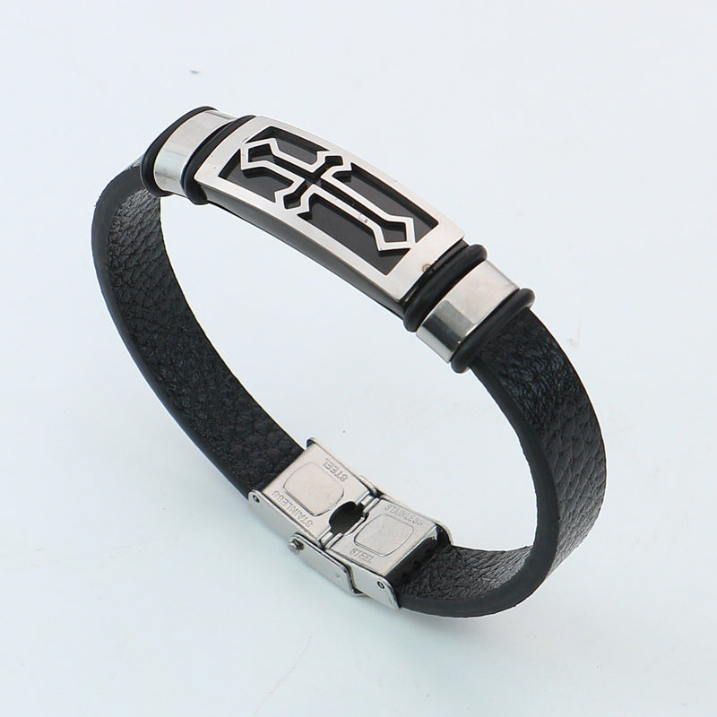 Men's Souvenir Gift Leather Titanium Steel Cross Bracelets