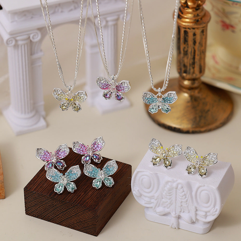 Women's Sparkling Full Rhinestone Zircon Butterfly Bow Light Luxury High Fashion Jewelry Set