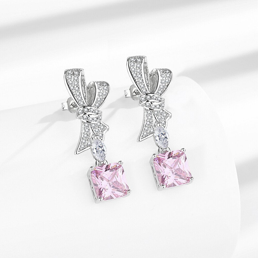 Women's Full Diamond Bow Ear Tassel Exquisite Pink Earrings