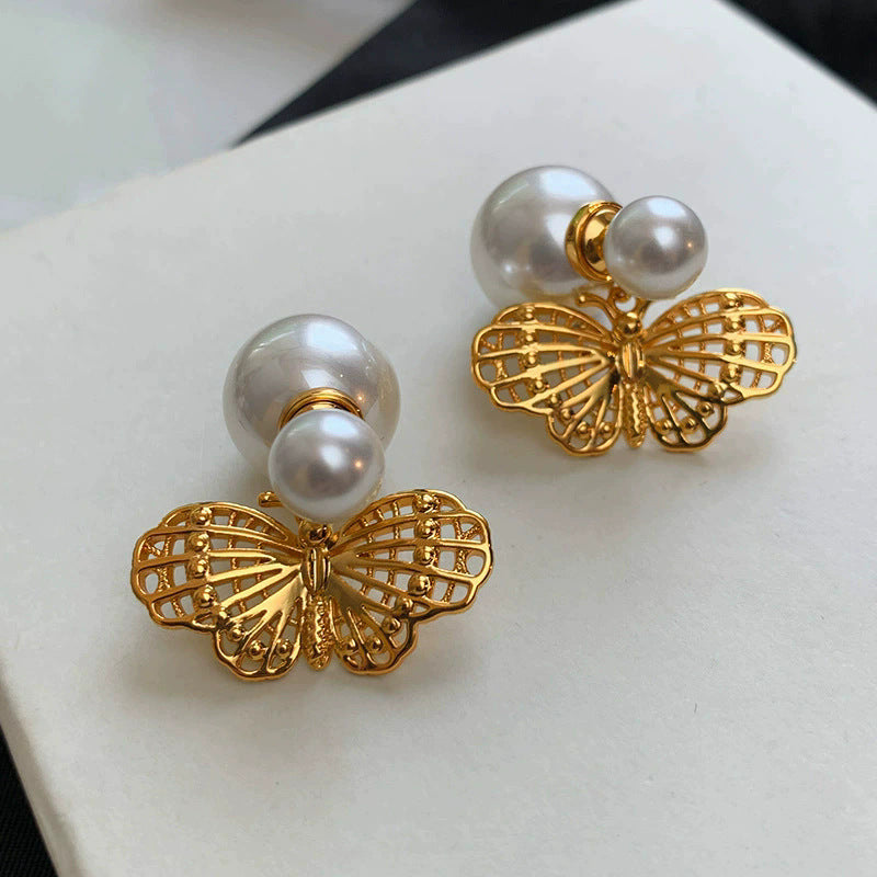 Women's Golden Butterfly Large Pearl Light Luxury Temperament High-grade Earrings