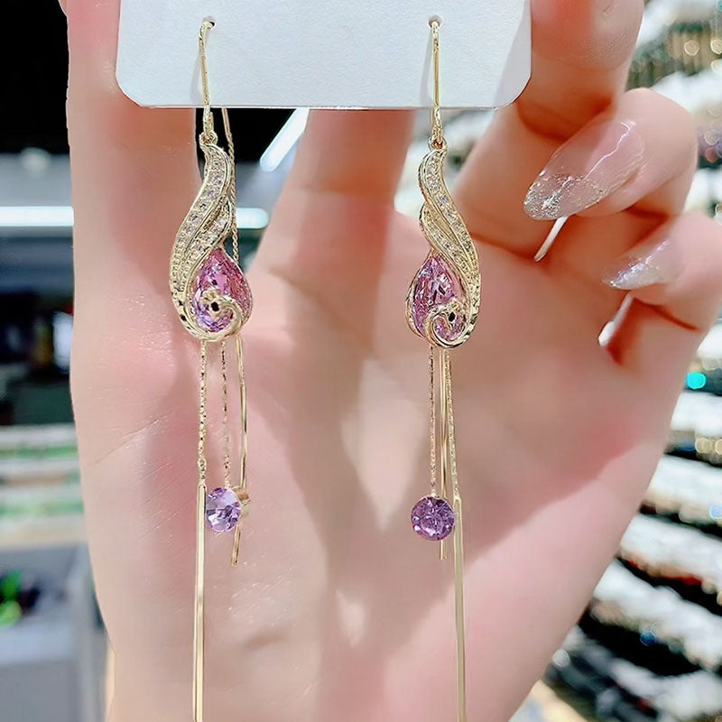 Women's Crystal Peacock Long Tassel Face Slimming Earrings