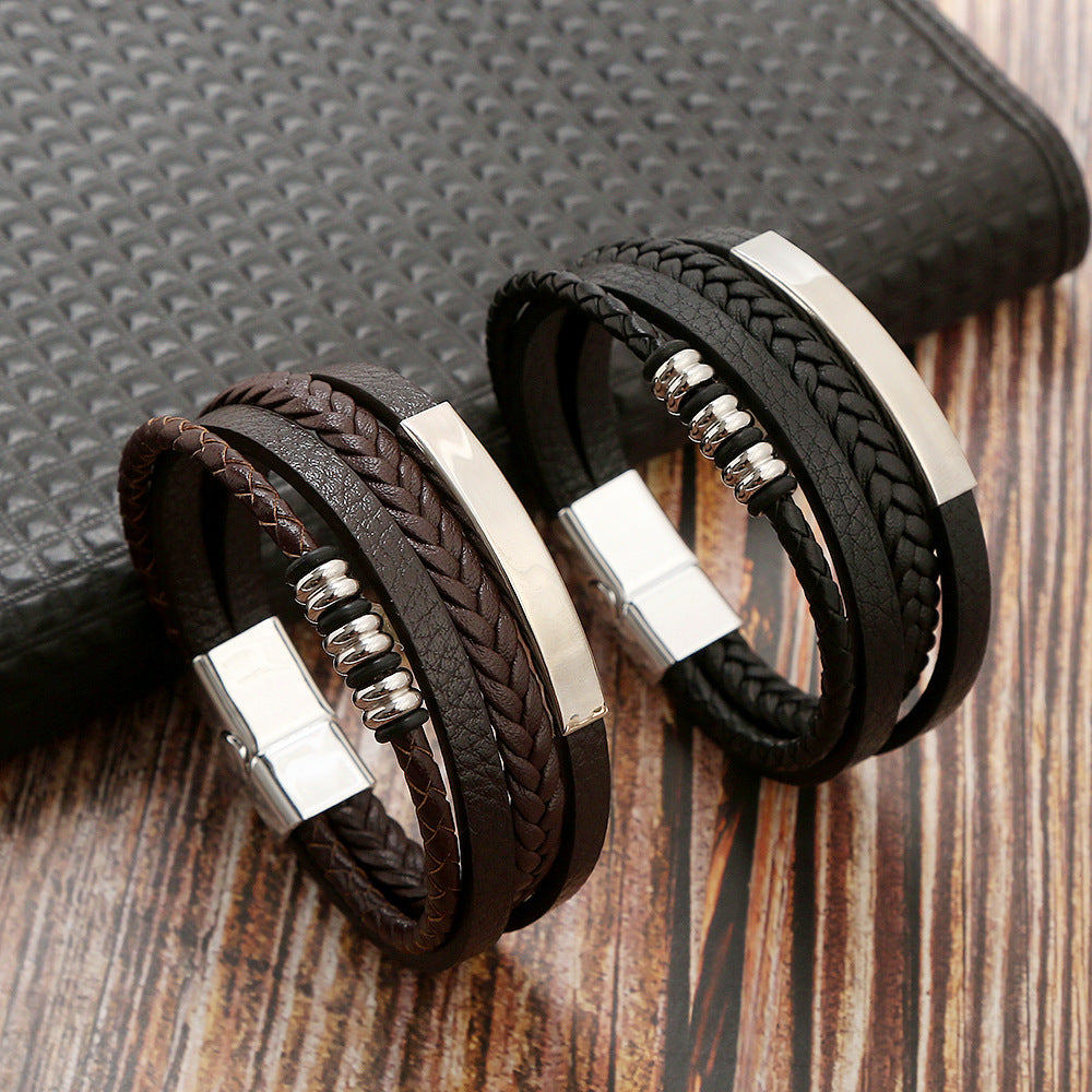 Men's Steel Magnetic Buckle Leather Cowhide String Bracelets