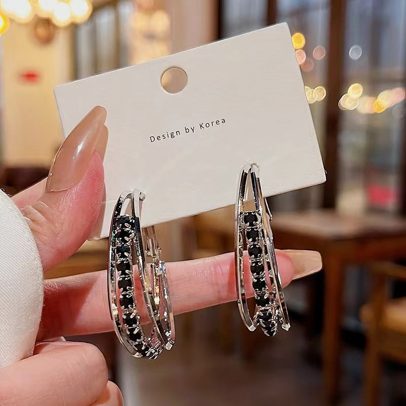 Needle Exaggerated Circle Female Fashion Graceful Black Zircon Cold Ear Buckle