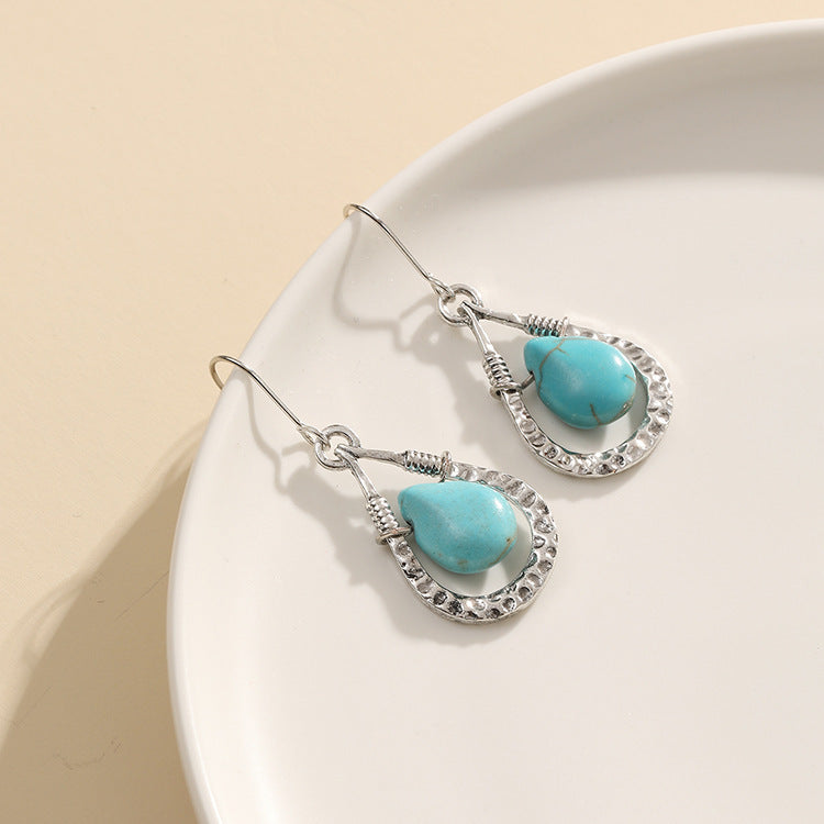 Simple Ethnic Style Hollow Turquoise Water Drop Bohemian Vacation Versatile Earrings