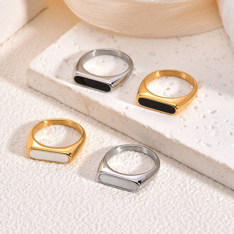 Women's Titanium Steel Trendy Stainless Gold-plated Temperamental Minority White Black Shell Ring