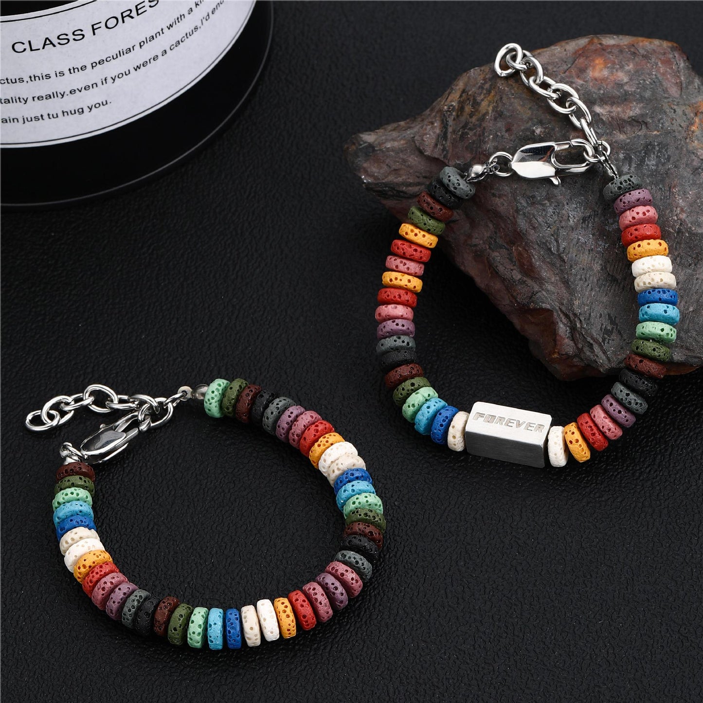 Bracelets de hanche masculins en acier titane et roche volcanique