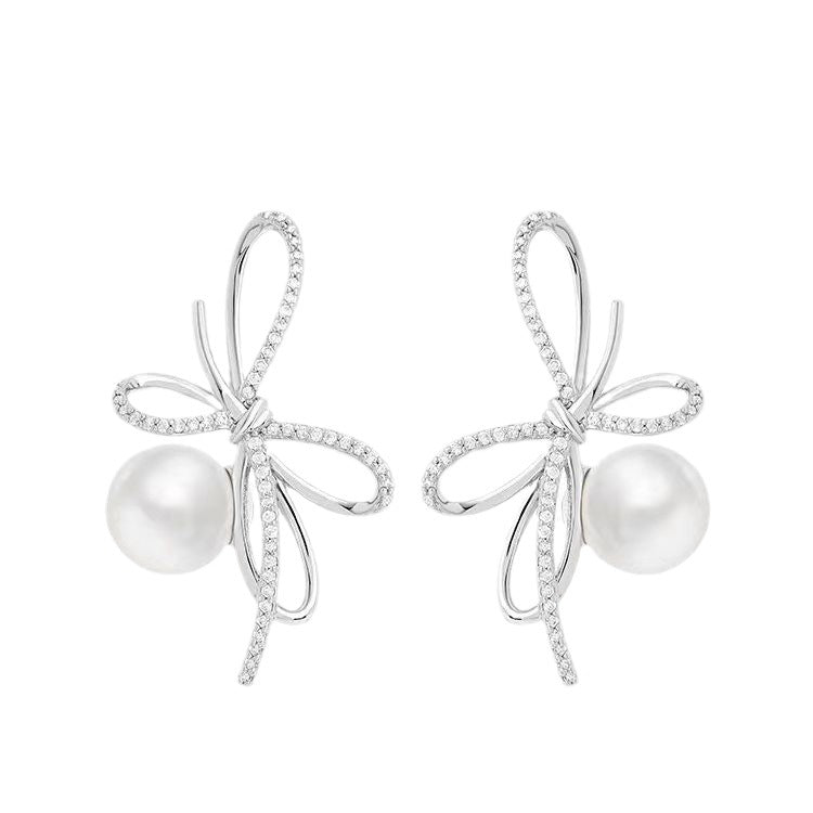 Micro Inlaid Zircon Bowknot Pearl Delicate Super Shining Earrings