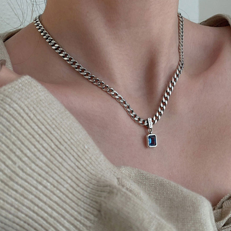 Gulf Navy Blue Zircon With Diamond Thick Necklaces