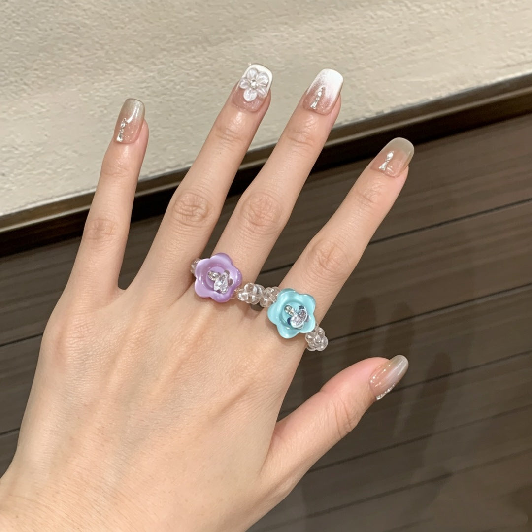 Handmade Flower Button Fun Imported Elastic String Dopamine Color Ring
