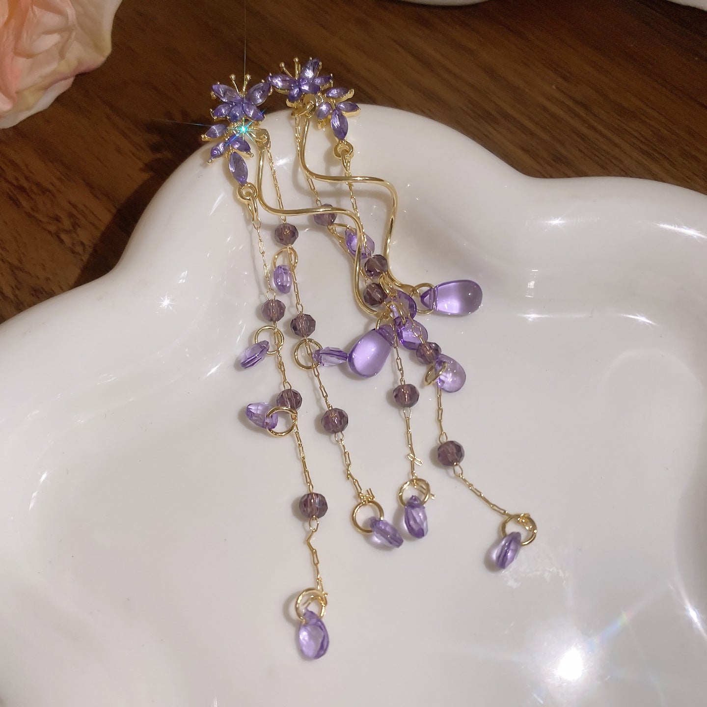 Sier Needle Light Luxury Diamond Butterfly Glass Water Drop Tassel Earrings