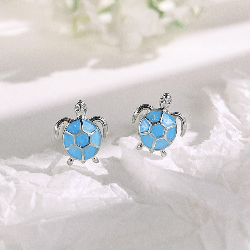 Sier Shi Cute Blue Turtle Ear Dripping Oil Earrings