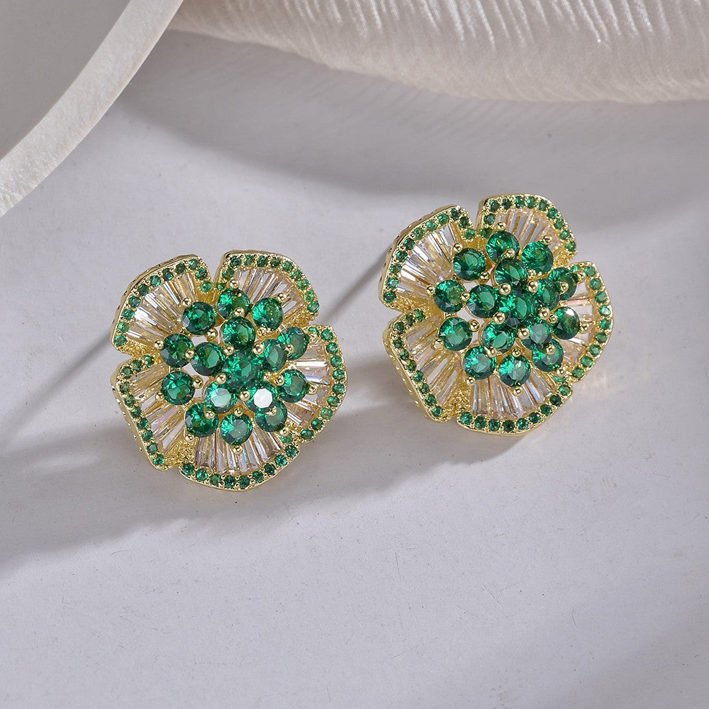 Green Inlaid Camellia Style Ear Niche Personality Design High-grade Stud Earrings