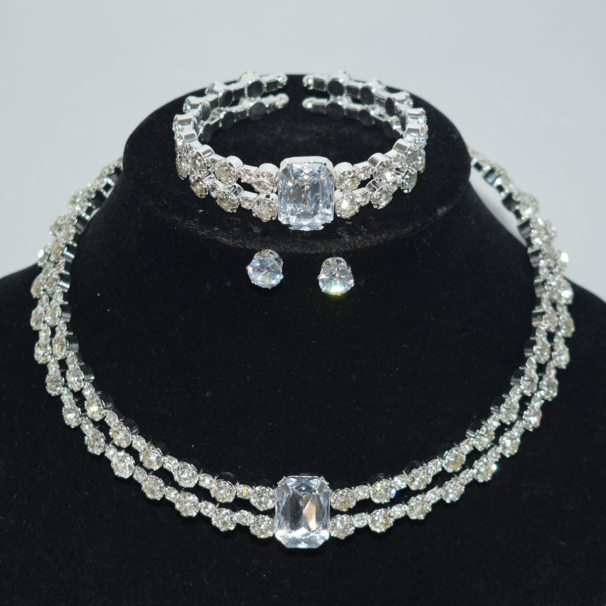 Bridal Double Row Gold Sier Collar Three-piece Diamond Claw Jewelry Set