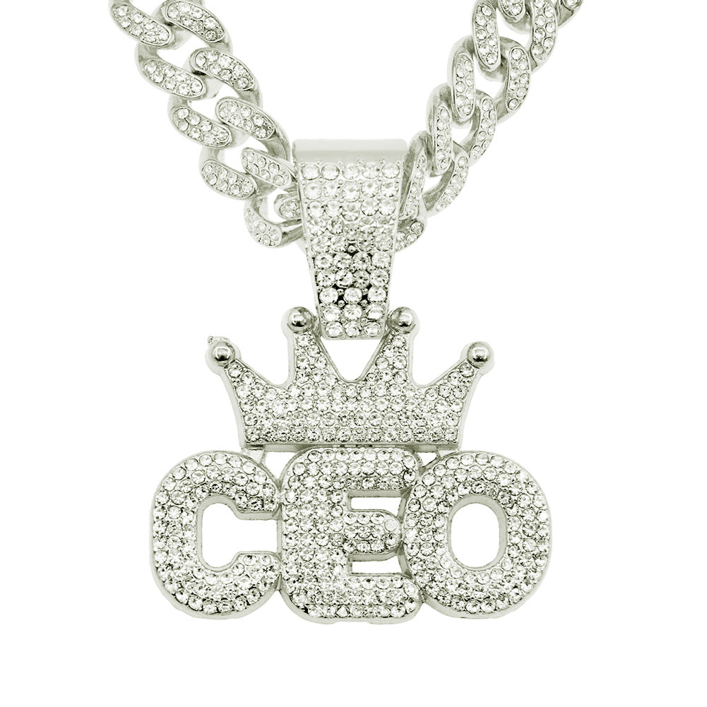 Men's Hip Hop Full Diamond Crown Letters Pendant Cuban Necklaces