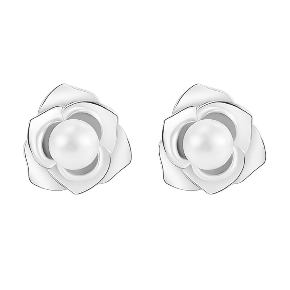 Women's Sier Camellia Pearl Light Luxury Flower Earrings