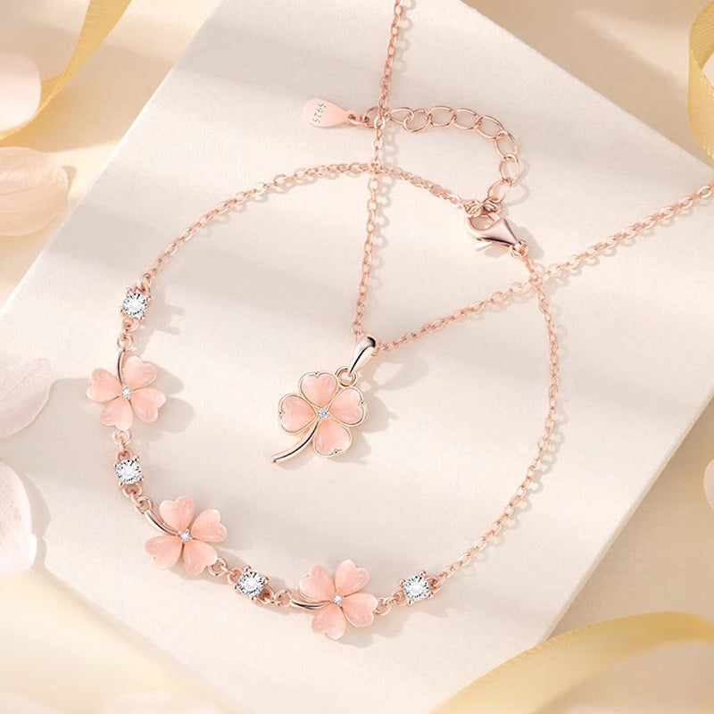 Opal Four-leaf Clover Female Pink Diamond Flower Pendant Necklaces