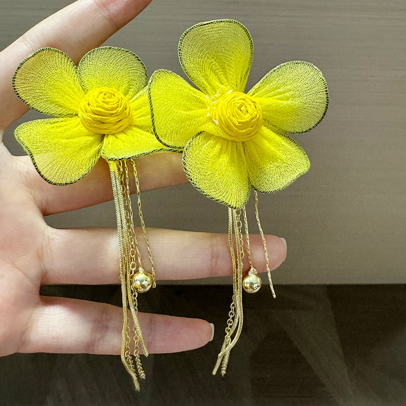 Western Style Yellow Tulle Flower Tassel Chain Long Elegant Wearing Earrings