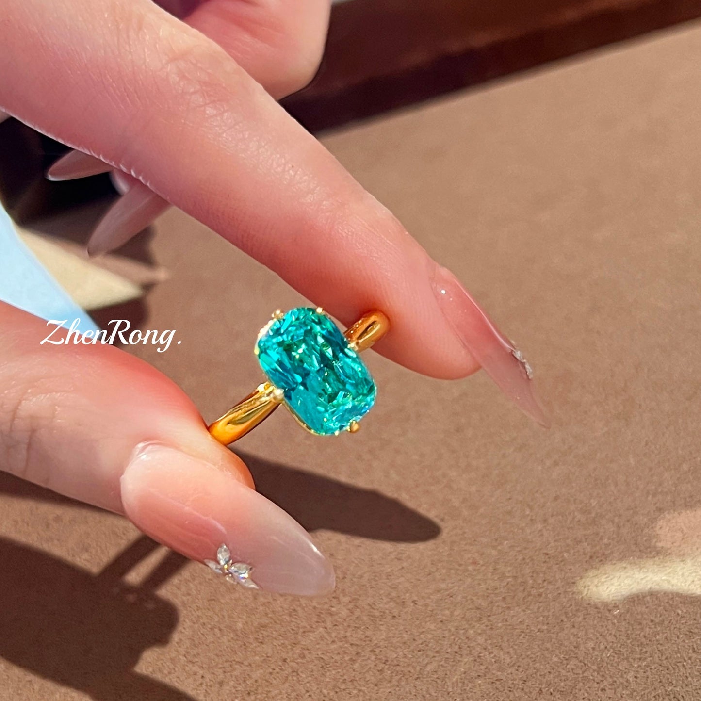Women's Exquisite Style Pillow Square Rhinestone Diamond Design Aquamarine Ring
