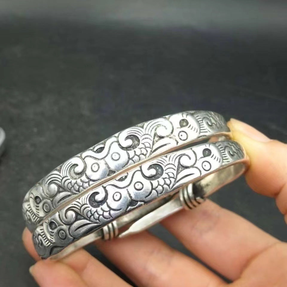 Tibetan Sier Miao Vintage Ethnic Style Fu Lu Shou Plated Bracelet
