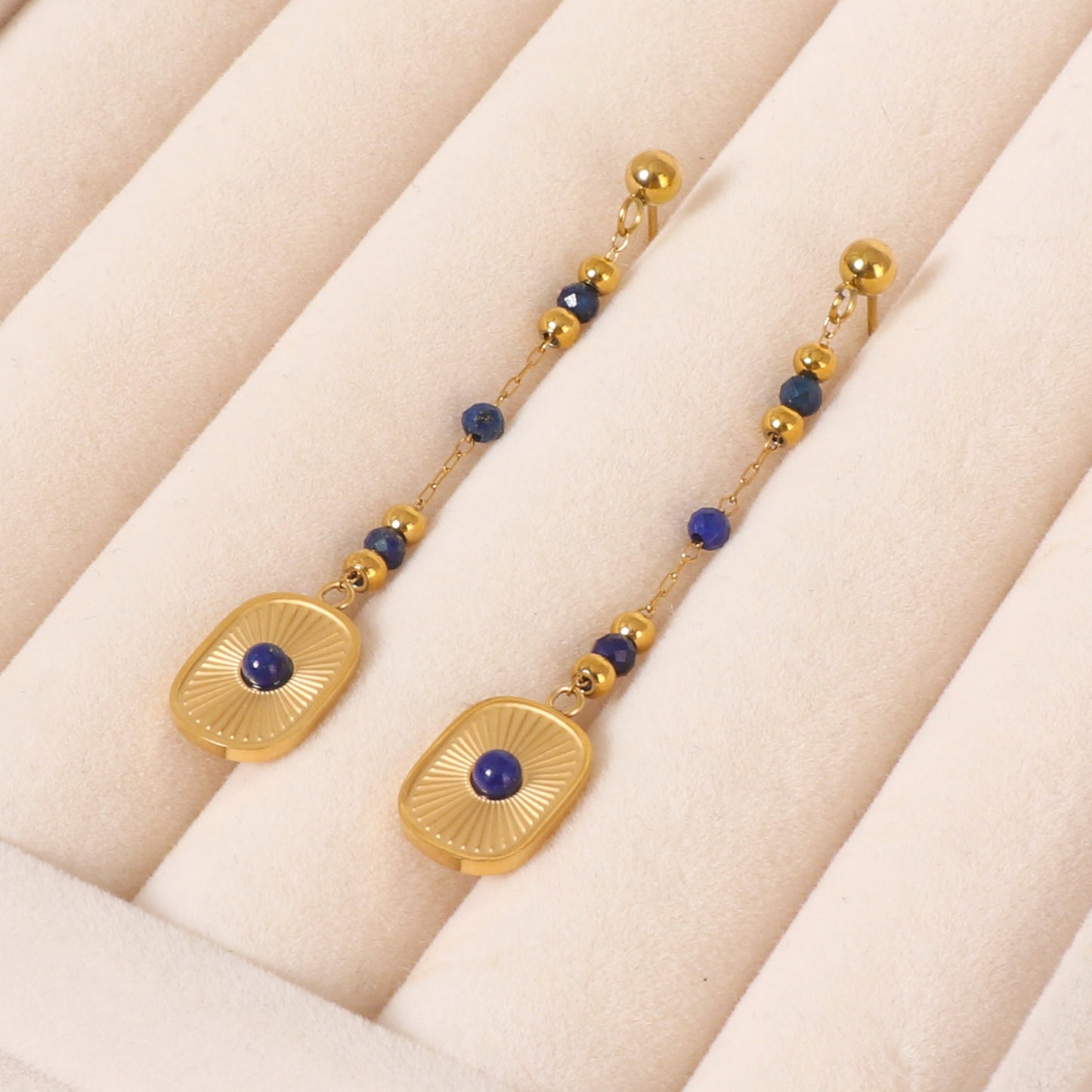 Lapis Lazuli Beaded Long Inlaid Tassel Earrings