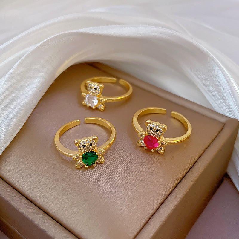 Real Gold Diamond Bear Open Female Minority Simple Rings