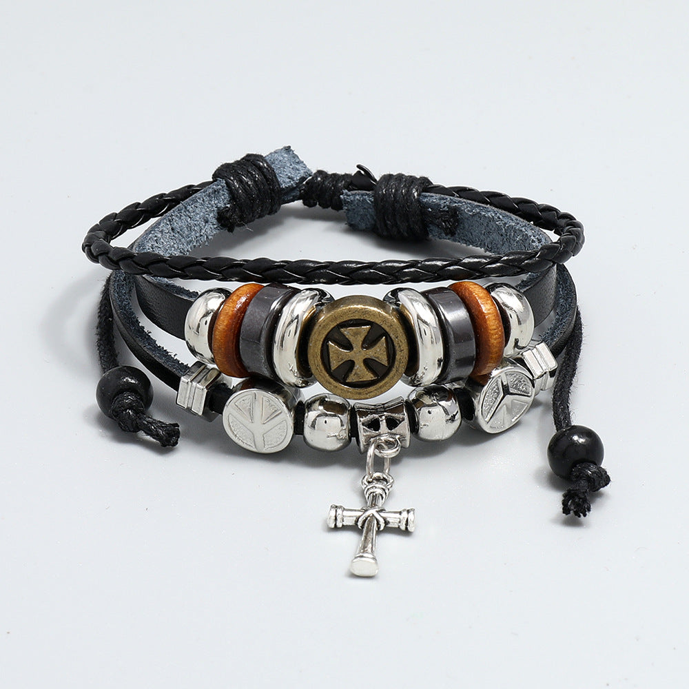 Kreative handgefertigte Perlen-Kreuz-Leder-Retro-Armbänder für Herren