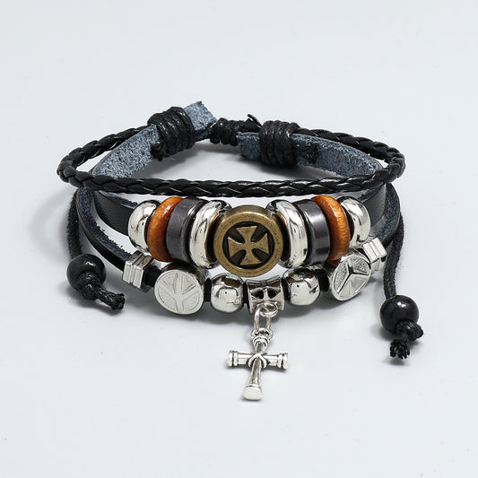 Men's Creative Handmade Beaded Cross Leather Korean Retro Bracelets