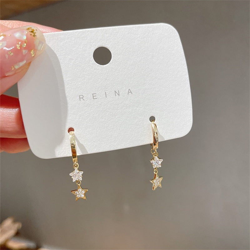 Sier Needle Double Layer Star Tassel Temperament Ear Earrings